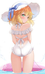 Rule 34 | 1girl, :o, absurdres, ass, bare shoulders, blonde hair, blush, chiyosuke (nosuke21), commentary request, cowboy shot, frilled one-piece swimsuit, frills, from behind, green eyes, halterneck, hat, hat ribbon, highres, idolmaster, idolmaster cinderella girls, innertube, looking at viewer, looking back, one-piece swimsuit, ribbon, sakurai momoka, short hair, solo, sun hat, swim ring, swimsuit, wading, water, white background, white hat, white one-piece swimsuit