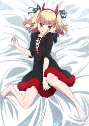 Rule 34 | 1girl, barefoot, bed sheet, between legs, black dress, black ribbon, blonde hair, breasts, brown eyes, bush, cleavage, collarbone, demon horns, dress, fake horns, fang, fang out, from above, full body, hair ribbon, hairband, hand between legs, highres, horns, iijima yun, long hair, looking at viewer, lying, makicha (sasurainopink), new game!, on back, red hairband, ribbon, shiny skin, small breasts, solo, two side up