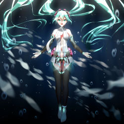 Rule 34 | 1girl, absurdly long hair, aqua hair, bad id, bad pixiv id, barefoot, black panties, black thighhighs, breasts, bubble, cleavage, detached sleeves, fish, floating hair, full body, geduan, green eyes, hair between eyes, hair ornament, hatsune miku, hatsune miku (append), highres, long hair, medium breasts, midriff, navel, open mouth, panties, solo, stomach, thighhighs, twintails, underwater, underwear, very long hair, vocaloid, vocaloid append