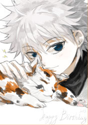Rule 34 | 10s, 1boy, 2013, animal, blue eyes, calico, cat, close-up, floweringheart, happy birthday, hunter x hunter, killua zoldyck, looking at viewer, male focus, petting, smile, solo, white hair