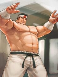 Rule 34 | 1boy, armpits, bara, black hair, broad shoulders, closed eyes, daimon gorou, dougi, fighting stance, hachimaki, headband, indoors, kuki1210, large pectorals, male focus, mature male, multiple boys, muscular, muscular male, nipples, pants, pectorals, short hair, smile, strongman waist, sweat, sweatband, the king of fighters, thick eyebrows, topless male, twitter username