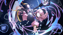 Rule 34 | 1girl, absurdres, arknights, black hairband, black jacket, black skirt, blue bow, blush, bow, braid, brown eyes, closed mouth, commentary request, garter straps, goldenglow (arknights), hair between eyes, hair bow, hair over shoulder, hairband, highres, jacket, jellyfish, lightning bolt print, long hair, long sleeves, open clothes, open jacket, orb, pink footwear, pink hair, pomegranate nana, print hairband, puffy long sleeves, puffy sleeves, shirt, shoes, single braid, skirt, solo, staff, thighhighs, v-shaped eyebrows, white shirt, white thighhighs