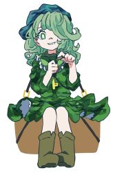 Rule 34 | boots, box, brown footwear, camouflage, camouflage headwear, camouflage jacket, camouflage skirt, collar, counting money, frilled collar, frills, green eyes, green hair, hair over one eye, jacket, key, lana151, on box, sitting, sitting on box, skirt, smile, solo, touhou, white background, yamashiro takane