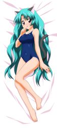 Rule 34 | 1990s (style), absurdres, animal ears, barefoot, bed, canal vorfeed, cat ears, cat tail, dakimakura (medium), feet, green hair, highres, long hair, long image, lost universe, nipples, one-piece swimsuit, sugimura tomokazu, swimsuit, tail, tall image