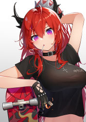 Rule 34 | 1girl, absurdres, arknights, arm up, black choker, black gloves, black shirt, breasts, choker, cigarette, commentary, crop top, cross, cross necklace, crown, gloves, gradient background, grey background, hair between eyes, highres, horns, jewelry, large breasts, long hair, looking at viewer, midriff, mini crown, mouth hold, necklace, official alternate costume, purple eyes, red hair, revision, rinne (buye rinne), shirt, short sleeves, skateboard, solo, surtr (arknights), surtr (liberte echec) (arknights), upper body, white background