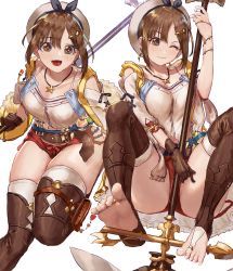 Rule 34 | 1girl, aochoku, atelier (series), atelier ryza, atelier ryza 1, bare shoulders, belt, beret, black ribbon, blush, bracelet, breasts, brown eyes, brown gloves, brown hair, brown thighhighs, camisole, cleavage, collarbone, detached sleeves, feet, flask, gloves, hair ornament, hairclip, hat, highres, jewelry, large breasts, looking at viewer, multiple views, necklace, one eye closed, open clothes, open mouth, open vest, pouch, red shorts, reisalin stout, ribbon, round-bottom flask, shirt, short hair, short shorts, shorts, single glove, sitting, smile, soles, spread legs, staff, star (symbol), star necklace, test tube, thighhighs, thighs, toe ring, toeless legwear, toes, vest, weapon, white background, white camisole, white headwear, white legwear, white shirt, yellow eyes, yellow vest