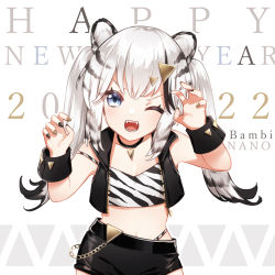 Rule 34 | 1girl, 2022, ;d, animal ears, animal print, artist name, bambi nano, black hair, black nails, black shorts, black vest, brown nails, camisole, chinese zodiac, claw pose, commentary, crop top, fangs, hands up, happy new year, highleg, highleg panties, highres, long hair, multicolored hair, multicolored nails, nail polish, navel, new year, one eye closed, open mouth, original, panties, print camisole, print panties, short shorts, shorts, silver hair, smile, solo, strap slip, streaked hair, tiger ears, tiger print, twintails, underwear, v-shaped eyebrows, very long hair, vest, white background, year of the tiger