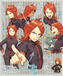 Rule 34 | 1boy, ^^^, arrow (symbol), belt buckle, buckle, closed eyes, closed mouth, commentary request, cowlick, creatures (company), frown, game freak, gen 2 pokemon, hand on own hip, highres, ichihara yuuto, jacket, long hair, male focus, multiple views, nintendo, open mouth, orange hair, pants, pointing, pointing at viewer, pokemon, pokemon (creature), pokemon gsc, purple eyes, silver (pokemon), smile, sneasel, teeth, tongue, translation request