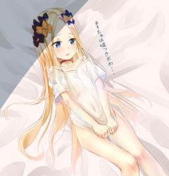 Rule 34 | 1girl, abigail williams (fate), bed sheet, black bow, blonde hair, blue bow, blue eyes, blush, bottomless, bow, choker, collarbone, fate/grand order, fate (series), forehead, hair bow, highres, long hair, looking away, looking to the side, lying, naked shirt, navel, no bra, off-shoulder shirt, off shoulder, on back, orange bow, parted bangs, parted lips, sakazakinchan, see-through, shirt, shirt tug, short sleeves, solo, tears, translation request, very long hair, white shirt