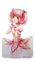 Rule 34 | 10s, 1girl, 2015, absurdres, bow, choker, dated, dress, gloves, hair bow, highres, jodan, kaname madoka, looking at viewer, magical girl, mahou shoujo madoka magica, mahou shoujo madoka magica (anime), painting (medium), pink eyes, pink hair, solo, traditional media, twintails, watercolor (medium), white background