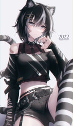 Rule 34 | 1girl, 2022, absurdres, animal ear fluff, animal ears, bandaid, bandaid on arm, bandaid on face, bare shoulders, belt, black belt, black choker, black hair, black nails, black shirt, black shorts, blurry, blush, breasts, choker, chyopeuteu, claw pose, clothing cutout, collar, collarbone, commentary, crop top, crop top overhang, cutoffs, earrings, fingernails, garter straps, grey eyes, hair between eyes, hair ornament, hairclip, happy new year, highres, jewelry, knee up, layered sleeves, long sleeves, looking at viewer, midriff, multicolored hair, nail polish, navel, new year, original, parted lips, sharp fingernails, shirt, short hair, short over long sleeves, short shorts, short sleeves, shorts, shoulder cutout, simple background, sleeves past wrists, slit pupils, solo, spiked collar, spikes, stomach, streaked hair, striped clothes, striped thighhighs, tail, tail raised, thighhighs, thighs, torn clothes, torn shirt, undershirt, white background, white hair, x hair ornament