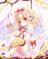 Rule 34 | 1girl, angel wings, animal ear fluff, animal ears, bare shoulders, blonde hair, blurry, blurry foreground, blush, bow, breasts, cat ears, closed mouth, commentary request, depth of field, dress, feathered wings, food, food-themed clothes, fruit, hair between eyes, heart, holding, kiwi (fruit), kiwi slice, long hair, looking at viewer, moe2020, original, parfait, pocky, red bow, red eyes, shikito (yawa0w0), single thighhigh, sleeveless, sleeveless dress, small breasts, solo, strawberry, thighhighs, white dress, white thighhighs, white wings, wings, wrist cuffs