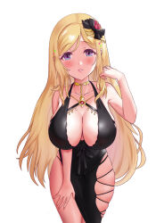Rule 34 | 1girl, absurdres, aki rosenthal, ar-khey, bare shoulders, black dress, blonde hair, blush, breasts, center opening, collarbone, cross-laced slit, dress, gown, hair ornament, halter dress, halterneck, hand on own thigh, highres, hololive, jewelry, large breasts, long hair, looking at viewer, necklace, parted bangs, parted lips, plunging neckline, purple eyes, side slit, simple background, skindentation, solo, very long hair, virtual youtuber, white background
