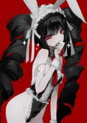 1girl absurdres bare_shoulders black_hair black_leotard black_nails braised_cutlass card celestia_ludenberg cowboy_shot danganronpa:_trigger_happy_havoc danganronpa_(series) drill_hair frilled_leotard frills highres holding holding_card leotard long_hair nail_polish official_alternate_costume playboy_bunny red_background simple_background solo twin_drills twintails