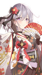 Rule 34 | 1girl, absurdres, black bow, black gloves, black kimono, blush, bow, breasts, cowboy shot, dot nose, floral print, flower, gloves, gold trim, grey hair, hair between eyes, hair bow, hair flower, hair ornament, hand fan, highres, holding, holding fan, idoly pride, japanese clothes, kanzaki rio, kimono, large breasts, long sleeves, looking at viewer, medium hair, obi, open mouth, print kimono, purple eyes, raised eyebrows, red flower, rj edward (artist), sash, solo, teeth, two-tone kimono, white kimono, wide sleeves