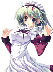 Rule 34 | 1girl, :o, angelina nanatsu sewell, blue eyes, blush, breasts, covered erect nipples, female focus, green hair, large breasts, looking at viewer, maid, maid headdress, mashiroiro symphony, open mouth, ribbon, s black, short hair, simple background, solo, uniform, white background