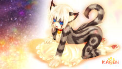 Rule 34 | 1girl, all fours, animal ear fluff, animal ears, animal feet, animal hands, animal nose, arched back, bell, black fur, blue eyes, blush, breasts, cat ears, cat girl, cat tail, character name, claws, collar, completely nude, fang, female focus, frilled pillow, frills, from side, full body, furry, furry female, grey fur, hair between eyes, happy, jingle bell, karin (tashiro yuu), legs, looking at viewer, multicolored fur, neck bell, nude, open mouth, original, pawpads, pillow, short hair, sidelocks, small breasts, smile, soles, solo, star (sky), striped fur, tail, tail raised, tashiro yuu, toes, whiskers, white fur, white hair