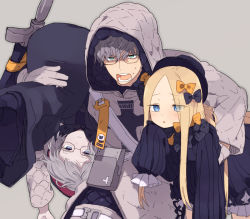 Rule 34 | 1boy, 2girls, abigail williams (fate), black bow, black dress, black headwear, blonde hair, blue eyes, blush, bow, breasts, carrying, carrying person, dress, fate/grand order, fate/grand order arcade, fate (series), forehead, glasses, green eyes, grey hair, grey jacket, hair bow, hat, hood, hood up, hooded jacket, jacket, jacques de molay (foreigner) (fate), jacques de molay (saber) (fate), large breasts, long hair, long sleeves, looking at viewer, moruka (karupattyo03), multiple bows, multiple girls, open clothes, open jacket, open mouth, orange bow, parted bangs, polka dot, polka dot bow, ribbed dress, short hair, sleeves past fingers, sleeves past wrists, small breasts, sword, weapon, white jacket