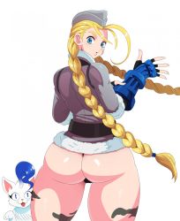 Rule 34 | 1girl, :3, :d, ahoge, antenna hair, armor, ass, belt, beret, black gloves, blonde hair, blue eyes, blue hair, braid, cammy white, camouflage, cat, coat, company connection, crossover, eric lowery, felicia (cat) (vampire), felicia (vampire), fingerless gloves, fingernails, from behind, fur trim, garrison cap, gloves, gradient hair, hair over shoulder, hat, highres, holding own arm, huge ass, leotard, long fingernails, long hair, looking at viewer, looking back, matching hair/eyes, multicolored hair, open mouth, parted lips, partially visible vulva, paw pose, simple background, smile, solo, street fighter, thick thighs, thighs, thong, thong leotard, twin braids, vambraces, vampire (game), very long hair, white background, white cat