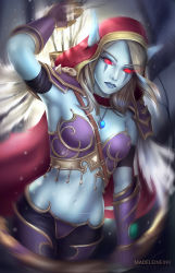 Rule 34 | 1girl, armor, artist name, bikini armor, blue skin, breasts, cape, cleavage, colored skin, cowboy shot, dutch angle, expressionless, facial mark, flaming eyes, gauntlets, highres, hood, jewelry, madeleine bellwoar, medium breasts, midriff, motion blur, navel, necklace, pendant, pointy ears, red eyes, shoulder pads, solo, spikes, sylvanas windrunner, warcraft, watermark, web address, world of warcraft