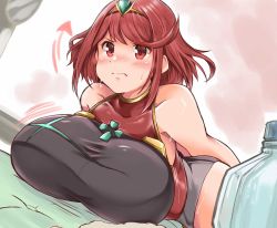 Rule 34 | 1girl, bare shoulders, blush, bottle, breasts, competition swimsuit, exercising, female focus, highres, huge breasts, jewelry, kurokaze no sora, matching hair/eyes, one-piece swimsuit, push-ups, pyra (pro swimmer) (xenoblade), pyra (xenoblade), red eyes, red hair, short hair, solo, swimsuit, training, water, xenoblade chronicles (series), xenoblade chronicles 2