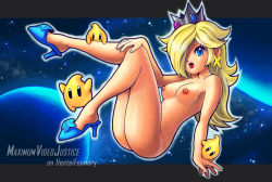 Rule 34 | 1girl, artist name, ass, blonde hair, blue eyes, blue footwear, breasts, creature, crown, earrings, english text, hair over one eye, high heels, jewelry, lipstick, long hair, looking at viewer, luma (mario), makeup, mario (series), medium breasts, nintendo, nipples, nude, outline, parted lips, planet, red lips, rosalina, shoes, solo, space, star (sky), super mario bros. 1, super mario galaxy
