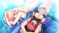 Rule 34 | 2girls, aso kiriri, ass, bikini, blonde hair, blue eyes, braid, breasts, butt crack, from above, headgear, kibanohara ethica, large breasts, long hair, looking at viewer, looking back, lying, multiple girls, on back, on stomach, oosaki shin&#039;ya, partially submerged, red hair, single braid, smile, sparkle, swimsuit, tokyo necro, water, white bikini