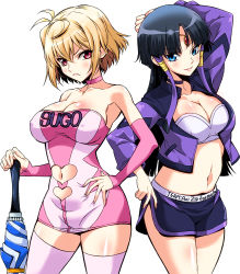 Rule 34 | 2girls, angelise ikaruga misurugi, antenna hair, arm behind head, bare shoulders, black hair, blonde hair, blue eyes, blush, body blush, bra, breasts, choker, cleavage, closed umbrella, clothing cutout, cosplay, covered erect nipples, cross ange, female focus, frown, future gpx cyber formula, hand on own hip, heart cutout, jacket, large breasts, long hair, looking at viewer, midriff, miniskirt, multiple girls, navel, navel cutout, pink legwear, race queen, red eyes, salamandinay, sena monaco, short hair, shorts, simple background, skirt, smile, standing, strapless, strapless bra, sugo grand prix campaign girl, sugo grand prix campaign girl (cosplay), thighhighs, umbrella, underwear, white background