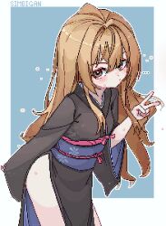 Rule 34 | ..., 1girl, 2049 (hh5566), aisaka taiga, black kimono, blue background, blue sash, blush, border, brown eyes, brown hair, commentary request, hair between eyes, japanese clothes, kimono, korean commentary, long hair, long sleeves, looking at viewer, obi, outside border, sash, simple background, solo, toradora!, v, white border, wide sleeves