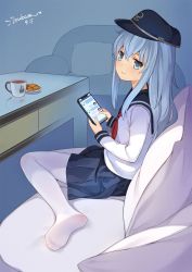 Rule 34 | 10s, 1girl, absurdres, anchor symbol, armchair, artist name, blue eyes, blue hair, blue hat, blue skirt, blush, cellphone, chair, closed mouth, coffee, coffee cup, cookie, couch, cup, dated, disposable cup, feet, food, from side, hat, heart, hibiki (kancolle), highres, holding, holding phone, kantai collection, long hair, long sleeves, looking at viewer, looking to the side, neckerchief, no shoes, on couch, pantyhose, phone, pillow, plate, red neckerchief, school uniform, serafuku, shirt, sitting, skirt, smartphone, smile, soles, solo, table, toes, tsubasa tsubasa, white pantyhose, white shirt