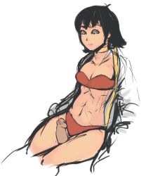 Rule 34 | 1girl, 34no404, black hair, bra, breasts, brown eyes, censored, choker, cleavage, cropped legs, disembodied penis, dougi, downcast eyes, highres, makoto (street fighter), novelty censor, open clothes, panties, penis, red bra, red panties, ribbon choker, short hair, simple background, sketch, solo focus, strapless, strapless bra, street fighter, thigh sex, toned, underwear