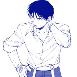 Rule 34 | 1boy, amestris military uniform, black eyes, black hair, blue theme, dokkoi shoo, facing away, fullmetal alchemist, gloves, hand on own hip, looking away, male focus, military, military uniform, monochrome, open clothes, open mouth, open shirt, roy mustang, shirt, short hair, simple background, sleeves rolled up, standing, sweat, sweatdrop, uniform, upper body, white background, white gloves, white shirt