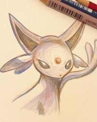 Rule 34 | animal focus, black eyes, colored pencil (medium), creatures (company), espeon, forehead jewel, forked tail, game freak, gem, gen 2 pokemon, highres, neverland+, nintendo, no humans, pencil, photo (medium), pokemon, pokemon (creature), red gemstone, simple background, sketch, solo, tail, traditional media, upper body, white background