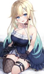 Rule 34 | 1girl, absurdres, aizawa ema, aqua hair, bare shoulders, black gloves, blonde hair, blue dress, blue eyes, breasts, brown thighhighs, choker, cleavage, dress, earrings, fishnet thighhighs, fishnets, gloves, hair ornament, highres, jewelry, kneeling, looking at viewer, multicolored hair, open mouth, reityana, simple background, single thighhigh, smile, solo, thigh strap, thighhighs, virtual youtuber, vspo!