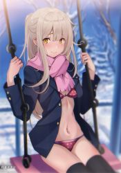 Rule 34 | 1girl, absurdres, artist name, black thighhighs, blazer, blue jacket, blurry, blurry background, blush, bra, breasts, cleavage, closed mouth, highres, jacket, kujou ichiso, long hair, long sleeves, medium breasts, navel, official art, open clothes, open jacket, original, outdoors, panties, pink scarf, polka dot, polka dot bra, polka dot panties, red bra, red panties, scarf, sidelocks, silver hair, sitting, smile, solo, thighhighs, underwear, very long hair, yellow eyes