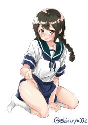 Rule 34 | 1girl, blue neckerchief, blue skirt, blush, braid, breasts, brown eyes, brown hair, closed mouth, clothes lift, commentary request, ebifurya, embarrassed, full body, green sailor collar, hair between eyes, highres, isonami (kancolle), kantai collection, kneehighs, lifted by self, lips, long hair, looking at viewer, miniskirt, neckerchief, no panties, no shoes, parted bangs, pleated skirt, sailor collar, school uniform, serafuku, shirt, shirt tucked in, short sleeves, sidelocks, simple background, single horizontal stripe, skirt, skirt lift, sleeve cuffs, small breasts, socks, solo, twin braids, twitter username, wavy mouth, white background, white shirt, white socks
