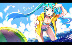 1girl aqua_eyes aqua_hair ball bikini bracelet day female_focus hatsune_miku jewelry leaning_forward letterboxed long_hair necklace open_mouth solo soono_(rlagpfl) striped_bikini striped_clothes swimsuit twintails very_long_hair vocaloid wading water