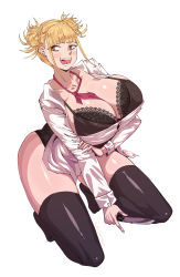 Rule 34 | 1girl, absurdres, artist name, ass, between breasts, black bra, black panties, blonde hair, blouse, blunt bangs, blush, boku no hero academia, bra, breasts, cleavage, collarbone, double bun, fangs, hair bun, highres, holding, holding knife, huge breasts, kneeling, knife, lace, lemonbizate, necktie, necktie between breasts, open mouth, panties, red neckwear, shirt, solo, thick thighs, thighhighs, thighs, toga himiko, unbuttoned, underwear, white background, white shirt, yellow eyes