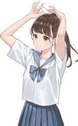 Rule 34 | 1girl, adjusting hair, arms up, blue bow, blue sailor collar, blue skirt, blush, bow, breast pocket, brown eyes, brown hair, highres, long hair, original, pleated skirt, pocket, ponytail, sailor collar, sako (35s 00), shirt, short sleeves, simple background, skirt, smile, solo, upper body, white background, white shirt