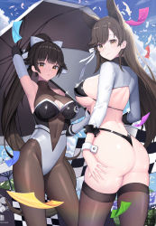 Rule 34 | 2girls, :o, absurdres, animal ears, arm up, armpits, ass, atago (azur lane), atago (stunning speedster) (azur lane), azur lane, back, bare back, bare shoulders, bikini, black legwear, blunt bangs, blush, bodystocking, bow, breasts, brown eyes, casual one-piece swimsuit, center opening, checkered flag, cleavage, cleavage cutout, closed mouth, clothing cutout, confetti, covered navel, day, elbow gloves, fingerless gloves, flag, gloves, hair bow, high ponytail, highleg, highleg swimsuit, highres, holding, holding umbrella, large breasts, long hair, looking at viewer, looking back, micro bikini, multiple girls, one-piece swimsuit, outdoors, parasol, parted lips, race queen, shrug (clothing), skindentation, smile, sparkle, strapless, strapless one-piece swimsuit, swept bangs, swimsuit, swimsuit over clothes, takao (azur lane), takao (full throttle charmer) (azur lane), thighhighs, thighs, thong bikini, umbrella, underboob, very long hair, white bow, white gloves, wrist cuffs, yuri (chocho q)
