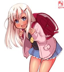 Rule 34 | 1girl, alternate costume, backpack, bag, blonde hair, blue eyes, blush, commentary request, crime prevention buzzer, dated, hair ornament, hairclip, highres, jacket, kanon (kurogane knights), kantai collection, long hair, long sleeves, looking at viewer, open mouth, randoseru, revision, ro-500 (kancolle), school uniform, shirt, simple background, skirt, smile, solo, tan, white background
