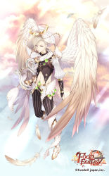 Rule 34 | 1boy, angel wings, cocosuke, copyright name, croissant (food fantasy), feathered wings, feathers, food fantasy, full body, halo, highres, looking at viewer, lyre, male focus, navel, official art, outdoors, pants, silver hair, striped clothes, striped pants, watermark, white footwear, white wings, wings