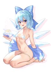 Rule 34 | 1girl, :d, absurdres, awei chaoyong, bare legs, barefoot, bikini, blue bow, blue eyes, blue hair, bow, cirno, commentary, drop shadow, english commentary, flat chest, hair between eyes, hair bow, hand up, highres, ice, ice wings, medium hair, micro bikini, mixed-language commentary, open mouth, petite, photo-referenced, seiza, simple background, sitting, smile, solo, swimsuit, touhou, undressing, white background, wings