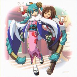 Rule 34 | 2girls, :o, ahoge, aqua eyes, artist name, bell, black footwear, blue jacket, blurry, blurry background, boots, border, braid, brown footwear, brown hair, brown pants, cherry blossom print, closed eyes, commentary, cup, english commentary, floral print, food, fruit, fruit hair ornament, full body, fur-trimmed jacket, fur trim, furrowed brow, geta, hair bell, hair ornament, hair tubes, hatsumoude, hatsune miku, highres, holding, holding cup, jacket, japanese clothes, jingle bell, john su, kimono, leaning forward, long hair, looking at another, mandarin orange, meiko (vocaloid), mixed-language commentary, multiple girls, new year, obi, open mouth, outstretched arms, pants, pink kimono, romaji commentary, sandals, sash, shide, short hair, sleeves past fingers, sleeves past wrists, smile, socks, stairs, standing, steam, torii, twin braids, very long hair, vocaloid, white border, white socks, wide sleeves, zouri