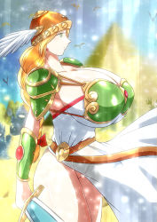 Rule 34 | 1girl, armor, bikini armor, blonde hair, breasts, cleavage, gigantic breasts, green eyes, highres, kyolnov, legend of valkyrie, no panties, pauldrons, pussy, shoulder armor, solo, sparkle, sword, valkyrie (vnd), valkyrie no densetsu, weapon