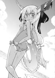 Rule 34 | 1girl, adjusting clothes, adjusting swimsuit, ass, bare legs, bare shoulders, barefoot, beach, bracelet, casual one-piece swimsuit, cloud, dutch angle, fang, female focus, flat chest, frilled swimsuit, frills, from behind, greyscale, highres, hikawa shou, horns, ibuki suika, innertube, jewelry, kneepits, long hair, looking back, monochrome, non-web source, ocean, one-piece swimsuit, one-piece tan, ribbon, seaweed, skinny, solo, swim ring, swimsuit, tan, tanline, thigh gap, thighs, touhou, walking, wavy mouth, wet, wet hair