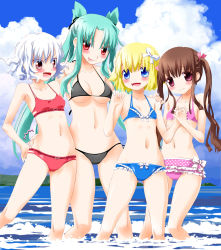 4girls bad_id bad_pixiv_id bikini blonde_hair blue_eyes brown_hair child flat_chest frills green_hair highres holding_hands long_hair multiple_girls noto_(soranoto) red_eyes short_hair swimsuit twintails very_long_hair wading wavy_hair white_hair