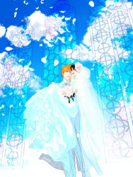 Rule 34 | 101sq, 1boy, 1girl, :d, black eyes, black hair, bleach, blue sky, bouquet, breasts, bridal veil, brown eyes, carrying, cloud, couple, dress, eye contact, facing another, flower, formal, hair between eyes, hair flower, hair ornament, happy, hetero, highres, holding, holding person, husband and wife, jacket, jewelry, kuchiki rukia, kurosaki ichigo, long dress, looking ahead, looking at another, medium breasts, necklace, necktie, open mouth, orange hair, pants, petals, princess carry, purple eyes, shirt, short hair, sky, sleeveless, sleeveless dress, smile, standing, strapless, strapless dress, suit, teeth, tongue, veil, wedding, wedding dress, white dress, white flower, white jacket, white pants