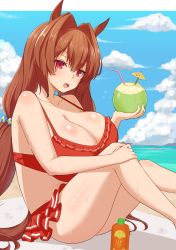 Rule 34 | 1girl, absurdres, animal ears, bare shoulders, beach, beach towel, bikini, bikini skirt, boat, border, breasts, brown hair, cleavage, cloud, cloudy sky, coconut, collarbone, daiwa scarlet (umamusume), drink, feet out of frame, food, frilled skirt, frills, hair between eyes, hair bobbles, hair intakes, hair ornament, hand on own knee, highres, holding, holding food, horse ears, horse girl, horse tail, huge breasts, long hair, looking at viewer, lotion, noe (ppppriver), ocean, open mouth, outdoors, outside border, red bikini, red eyes, saliva, saliva trail, shiny skin, sitting, skirt, sky, solo, straw, sunscreen, swimsuit, tail, towel, twintails, umamusume, umbrella, very long hair, watercraft, wet