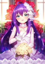 Rule 34 | 1girl, ahoge, bare shoulders, blurry, blurry background, blurry foreground, blush, bouquet, bow, collarbone, depth of field, detached sleeves, dress, flower, glint, green eyes, hair between eyes, hair bow, hand up, highres, holding, holding bouquet, idolmaster, idolmaster million live!, idolmaster million live! theater days, jewelry, looking at viewer, mochizuki anna, parted lips, purple hair, red flower, red rose, ring, rose, see-through, shennai misha, smile, solo, strapless, strapless dress, wedding band, white bow, white dress, white sleeves, wrist cuffs, yellow flower, yellow rose